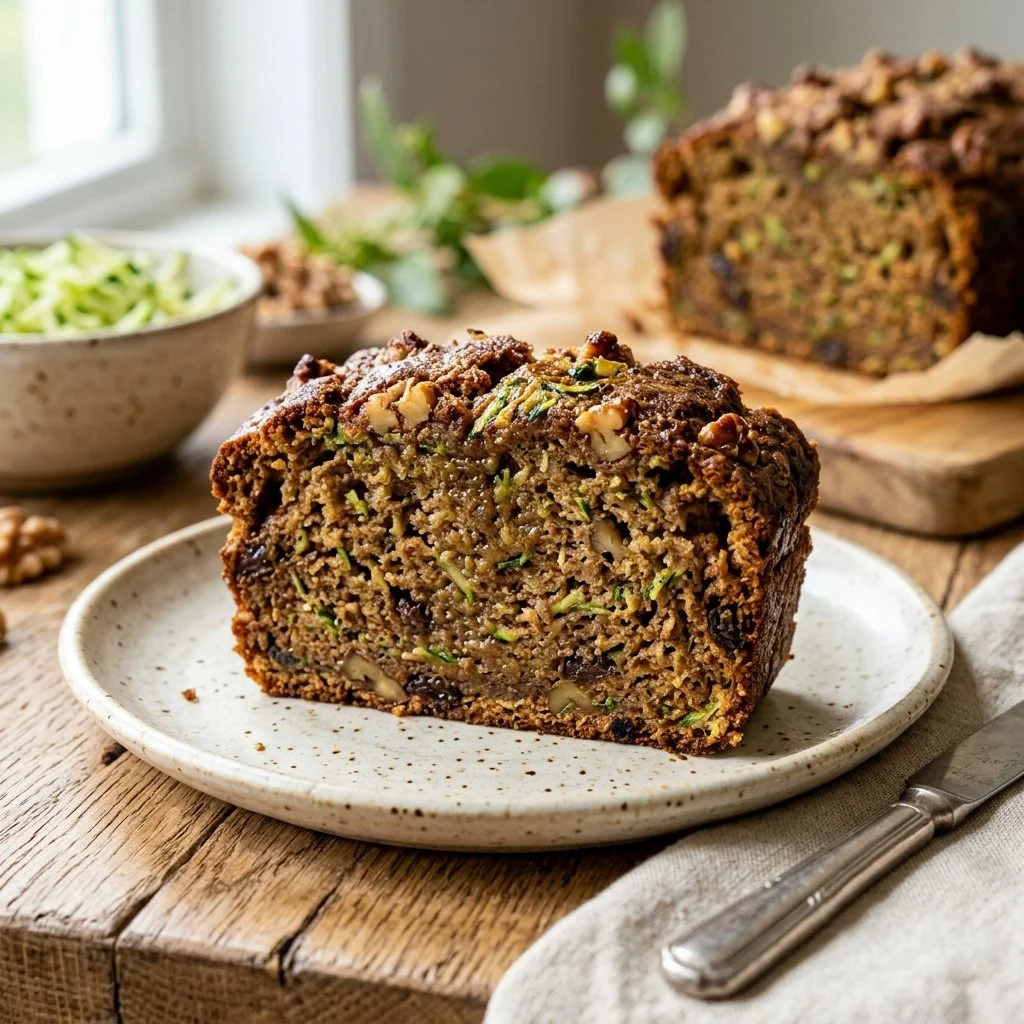 Homemade zucchini bread sliced on a wooden board
