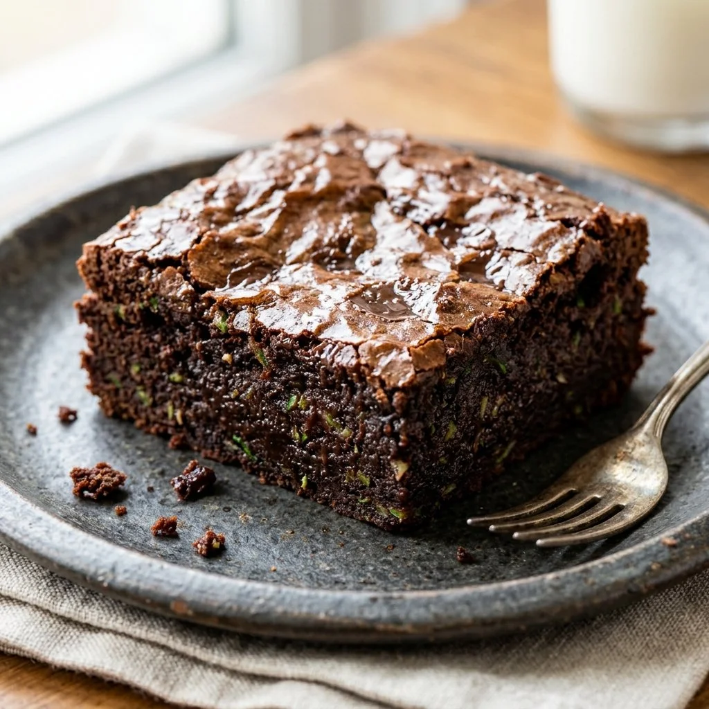 Delicious homemade zucchini brownies on a plate with chocolate topping